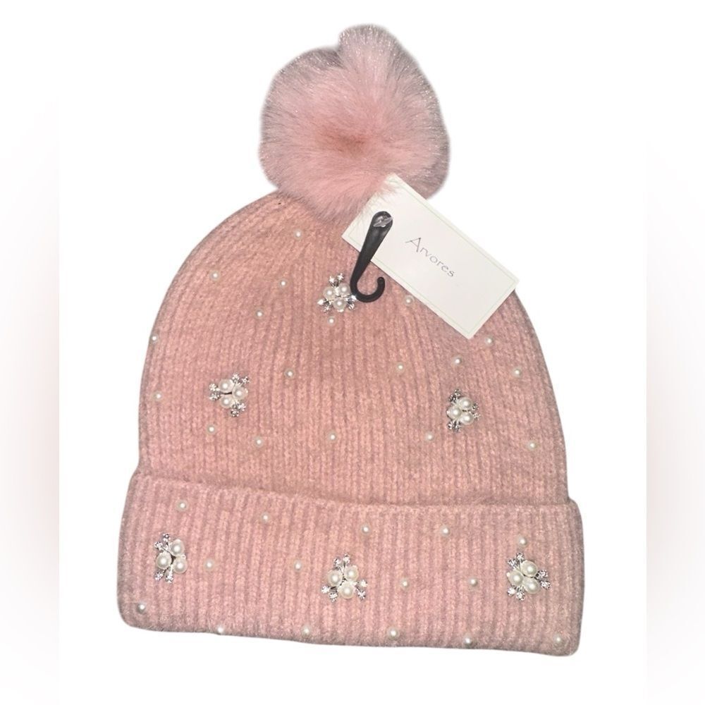 Womens Pink Embellished Beanie with Pom Pom.